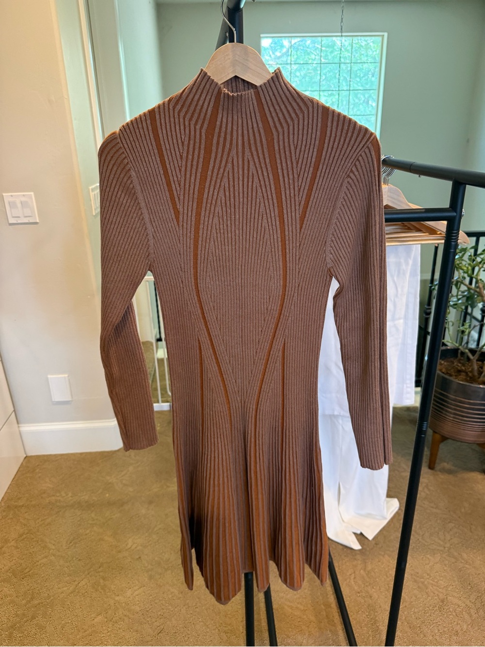 French Connection Brown Ribbed Mock Neck Long Sleeve Dress
